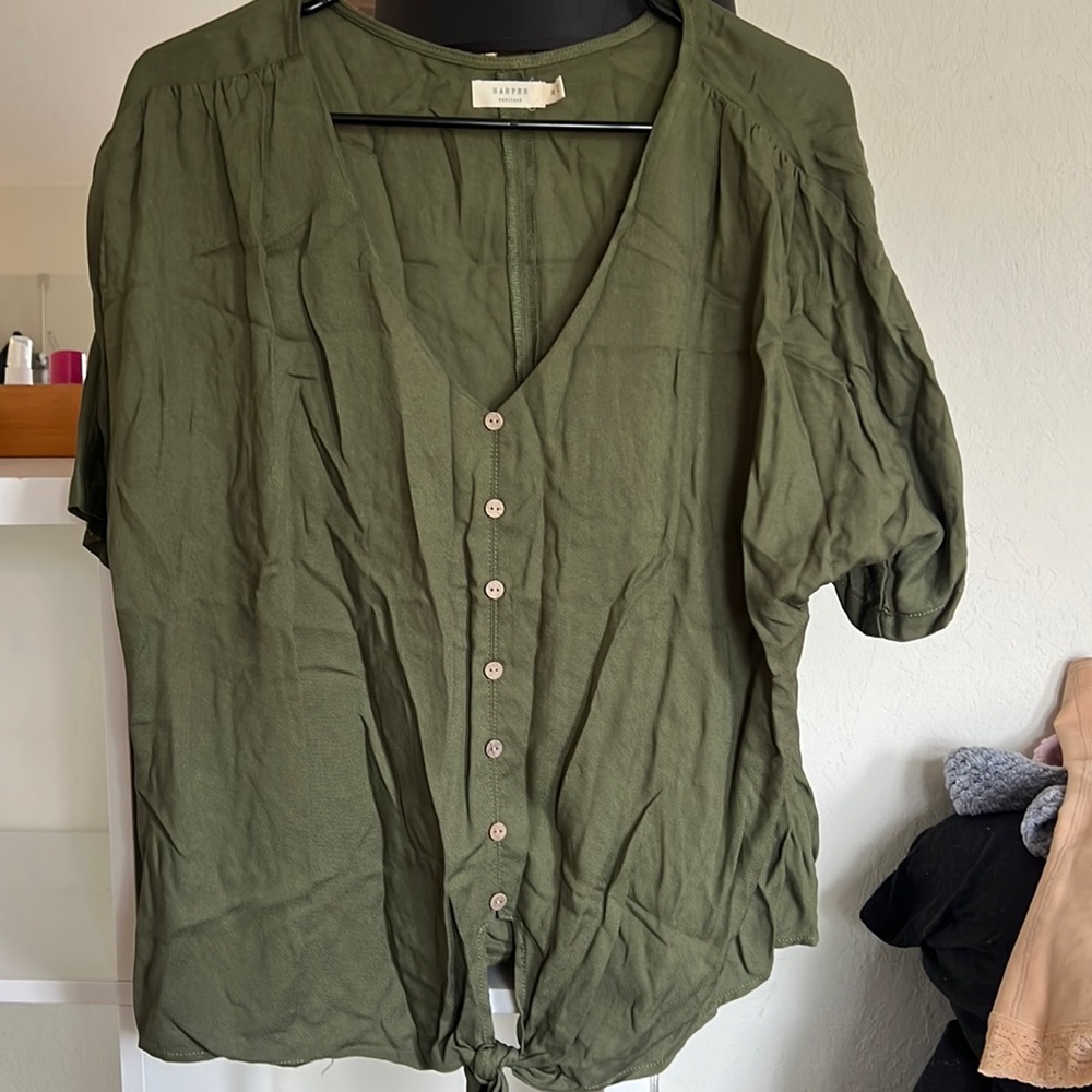 Green button down tie blouse